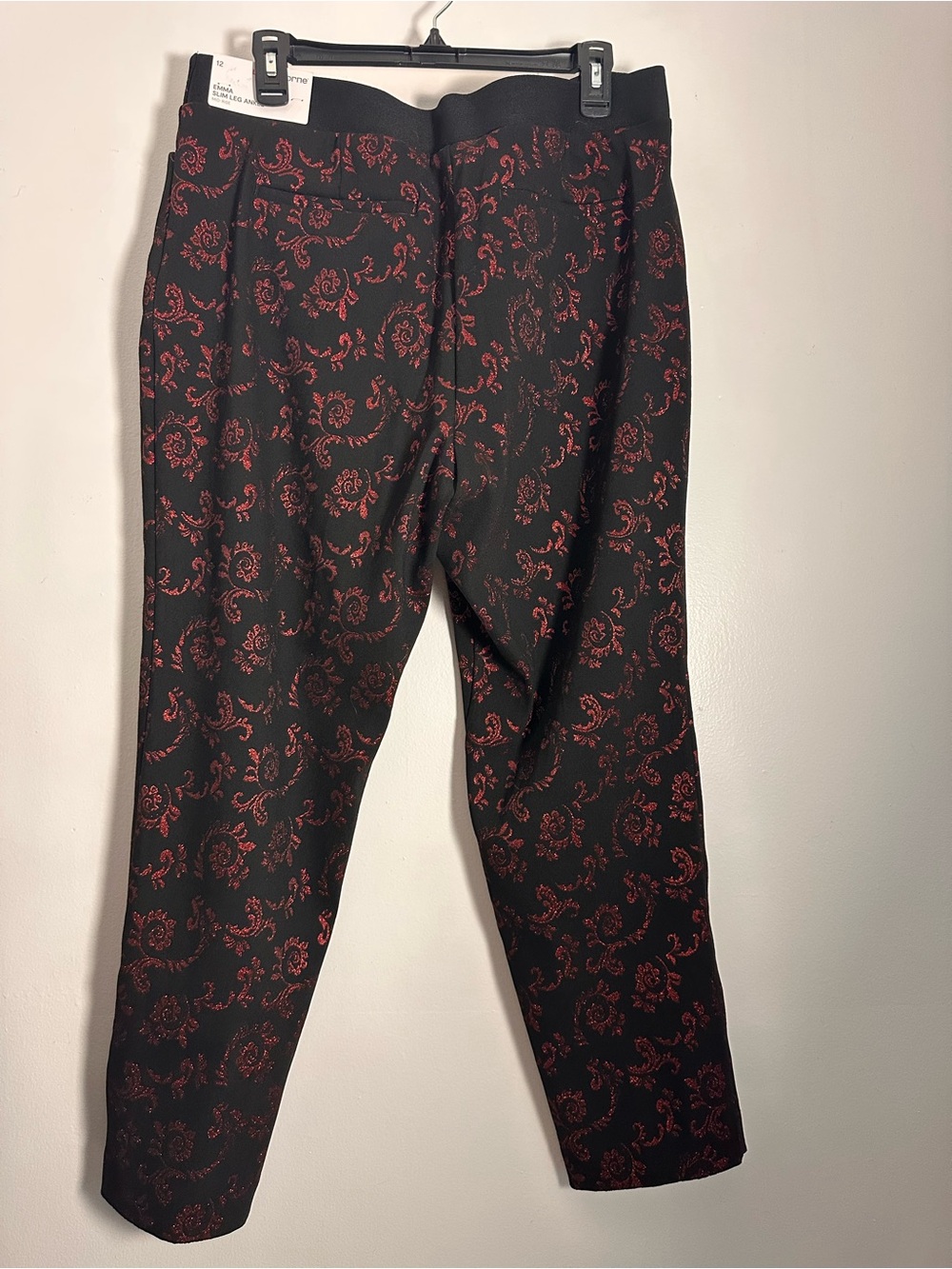 Liz Claiborne Emma Slim Leg Ankle Pants Rumba Red Metallic Scroll NWT 12